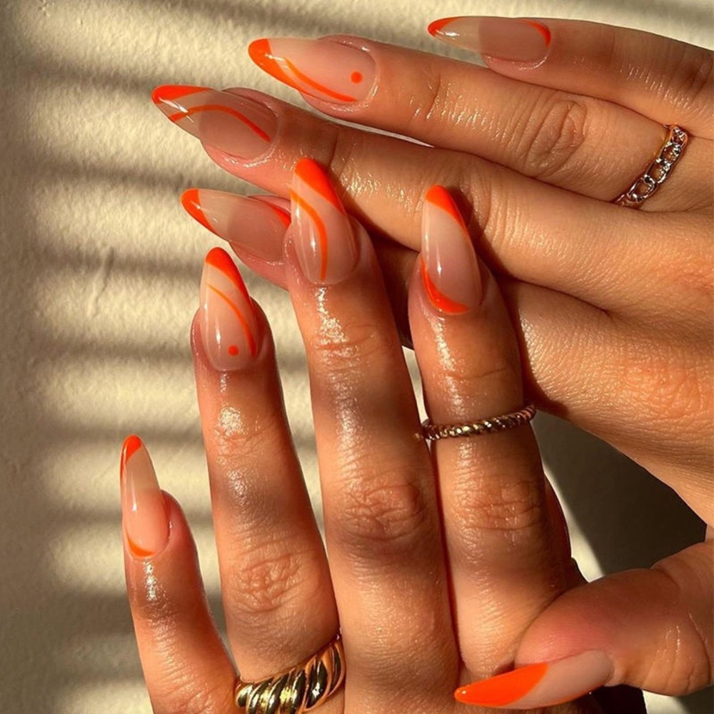 Short Orange Abstract French Tip Press On Nails| Almond shape press on nails